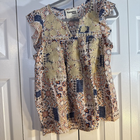 Savanna Jane Women Size Small Top Blouse Orange Blue Floral  Embroidered NWT - Picture 1 of 9